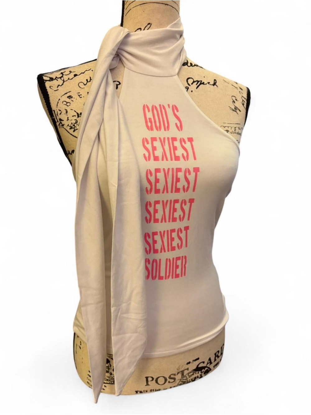 omighty White Scarf Halter Top with Pink Graphic Text